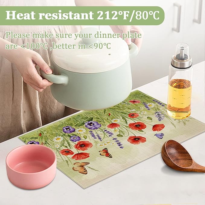 Poppy Flower Butterfly Placemats Set of 6, Washable Heat Resistant Table Mat Linen Place Mats for Party Kitchen Dining Home Decor 12x18 Inch