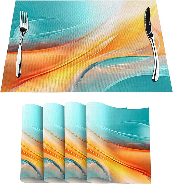 Teal and Orange Abstract Wave Linen Placemats Set of 4, 12 x 18 Inch Washable Non-Slip Heat-Resistant Kitchen Table Mats for Dining Table Outdoor Holiday Wedding Party Farmhouse, Kitchen Home Decor