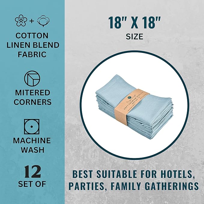 FINGERCRAFT Dinner Cloth Napkin Cotton Linen Blend 12 Pack Natural Premium Quality Mitred Corner for Every Day Use Pre Shrunk and Good Absorbency 18x18 in Easter Color Aqua