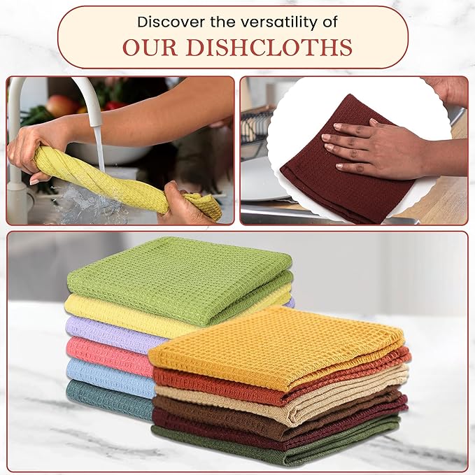 Vintage Vista 100% Cotton Waffle Dish Cloths (Pack of 12) - Dish Rags for Washing Dishes - Reusable & Highly Absorbent Kitchen Towels - Kitchen Rags fo Easter - (12" x 12" - Multicolor I)