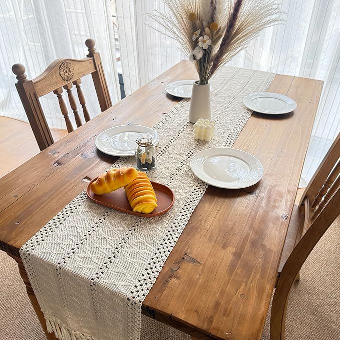 Macrame Table Runner Cream Beige Boho Table Runners with Tassels 72 Inches Long, Rustic Farmhouse Table Runners for Living Room Bridal Shower(12x72in, Fringe Included )