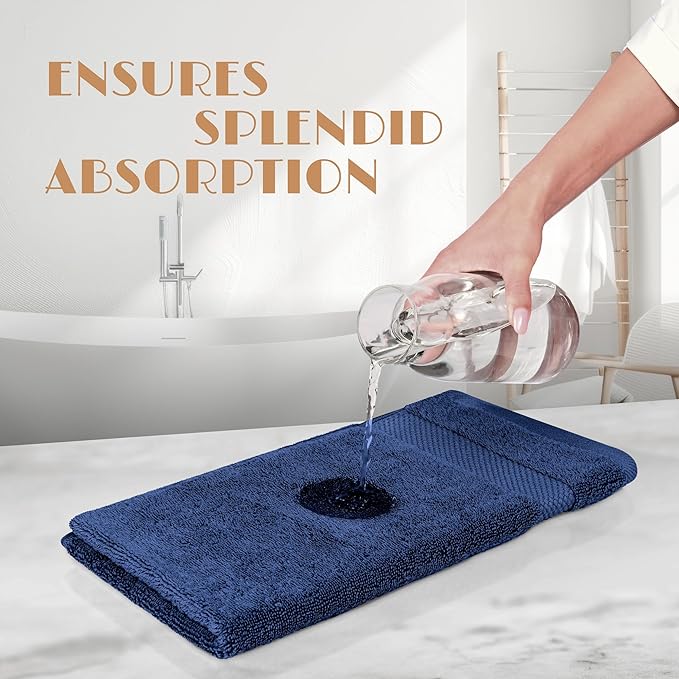 White Classic Navy Washcloths Set for Body and Face Towel, Cotton Wash Cloths Bulk 12 Pack, Spa Fingertip Wash Clothes 12x12 Inch, Soft Absorbent Gym Towels