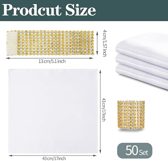 RUDONG M 100 Pcs White Satin Napkins and Napkin Rings Set, 17 x 17 Inch Square Cloth Napkins Set of 50, Silky Soft Table Napkins Bulk for Weddings, Banquet, Parties Dinner Decoration