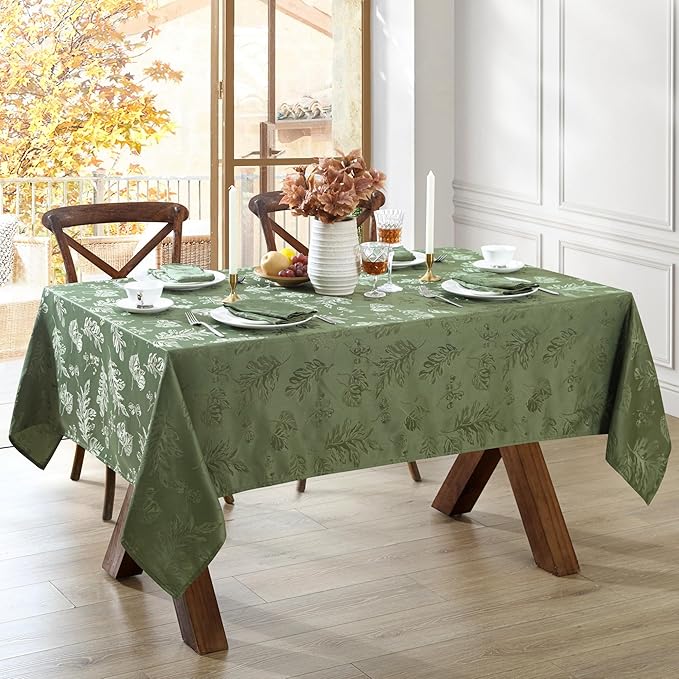 Elrene Home Fashions Elegant Woven Leaves Jacquard Damask Wrinkle Resistant Tablecloth for Fall/Harvest/Thanksgiving, 60" x 144", Rectangle, Olive