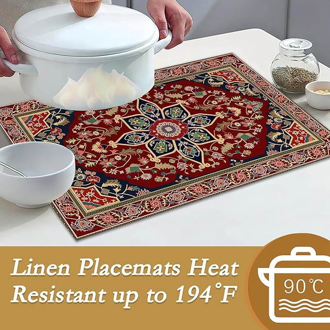Boho Placemats,Persian Original Tribal Table Mats Set of 6,12x18 Inch,Waterproof Oil-Proof Washable and Reusable Linen placemats Holiday Party Kitchen Table Decorations