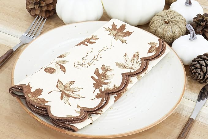 PurpleEssences Scalloped Embroidery Cloth Napkins - Spring Easter Summer - Table Decor - 100% Cotton - Set of 4-18x18 inch - Aurelia(Edges - Rust)