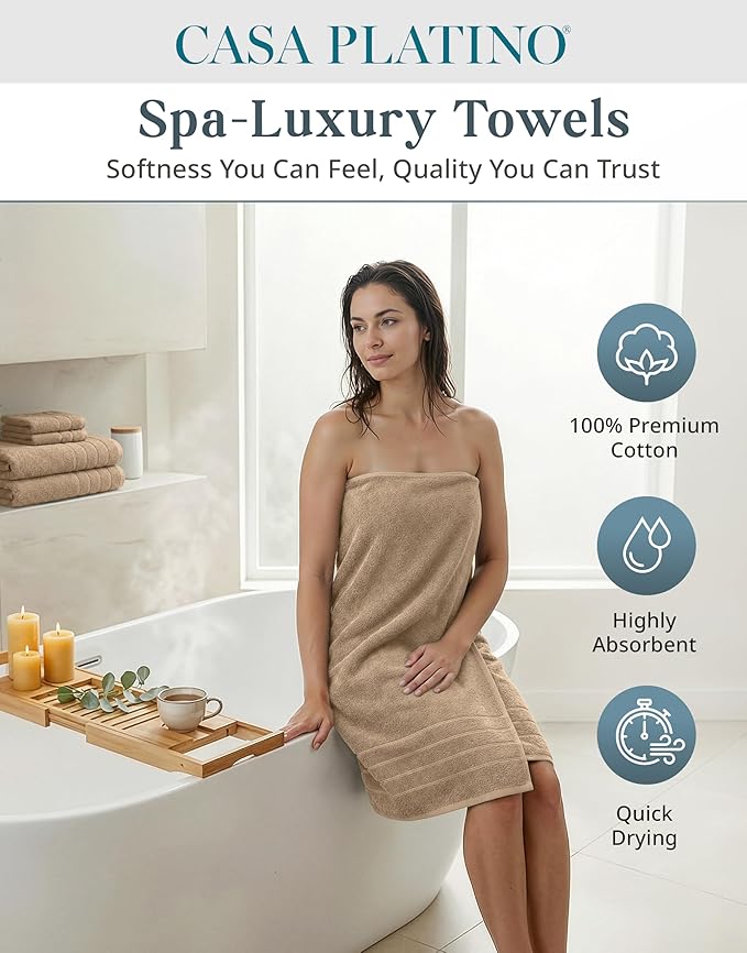 Casa Platino 12 Pcs Premium Cotton Towel Set - Soft, Absorbent & Perfect Family Set - 4 Bath, 4 Washcloths, 4 Hand Towels for Bathroom - Ideal for Home, Spa & Gym - Quality You Can Trust - Beige