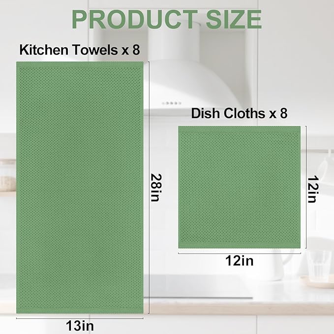 Homaxy 100% Cotton Kitchen Towels and Dishcloths Set, 12 x 12 Inches and 13 x 28 Inches, Set of 16 Bulk Kitchen Towels Set, Ultra Soft Absorbent Dish Cloths for Washing Dishes, Grass Green