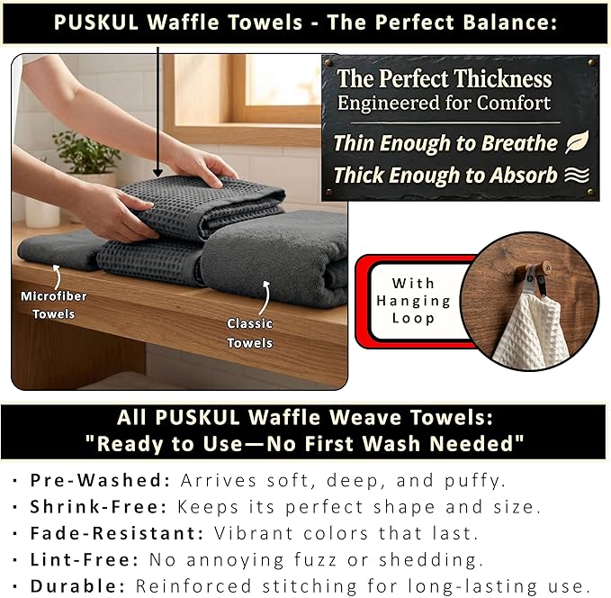 PÜSKÜL Natural 100% Turkish Cotton Waffle Bath Towels Set of 2-Piece | 32x63 inch Extra Large Absorbent Quick-Dry Lightweight Spa Towel | Luxury Sauna Accessories (Dark Gray Bath Towels - Pack of 2)