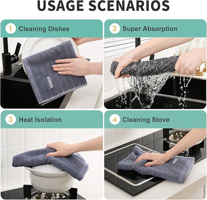 SALAS Kitchen Dish Towels, Bulk Cotton Kitchen Hand Towels, 390 GMS Plaid Dish Cloths Rags for Drying Dishes with Hanging Loop, 16‘’ x 26‘’, 4 Packs,Retro Blue