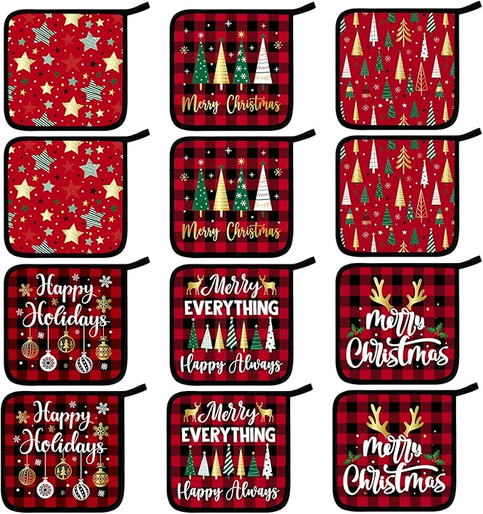 Bencailor 12 Pcs Pot Holders with Pocket Kitchen Hot Potholders Hot Pad Oven Mitts Cookie Bag Oven Gloves for Kitchen Gift Baking Cooking(Red,Classic)