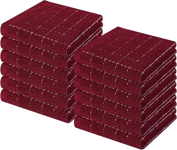 Homaxy 100% Cotton Terry Kitchen Dish Cloths, Ultra Soft and Absorbent Dish Towels for Kitchen, Suitable for Drying and Washing Dishes, 12 Pack, 12 x 12 Inches, Burgundy Red