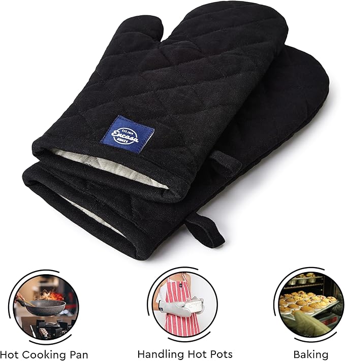 Encasa XO Heat Resistant Cotton Oven Gloves Mitts (2 Pc Set) - Quilted & Safe 12x6.6 in - for Kitchen, Cooking & Baking, Grilling, Handling Hot Pots & Pans - Full Black