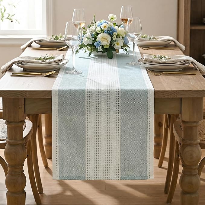 Artoid Mode Ice Blue Farmhouse Rustic Table Runner, Seasonal Macrame Fabric Kitchen Dining Holiday Wedding Table Decor for Home Party 13x72 Inch