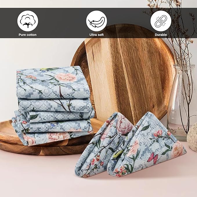 Bedding Craft Cotton Cloth Dinner Napkins Set of 12 – 18x18 Birds Print Design with 1" Fold – Reusable Machine Washable Fabric Napkins for Parties, Dining & Everyday Use