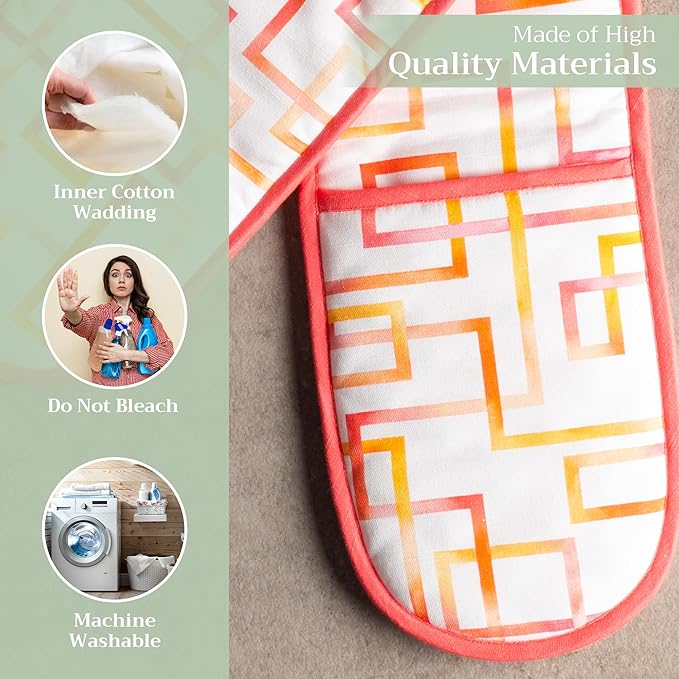 Maison d' Hermine Double Oven Mitts 100% Cotton 7"x35" Double Oven Mitt Heat Resistant BBQ Cooking Gloves with Loop Baking Grilling Gifts for Mothers Day Spring Summer (Summer Maze)