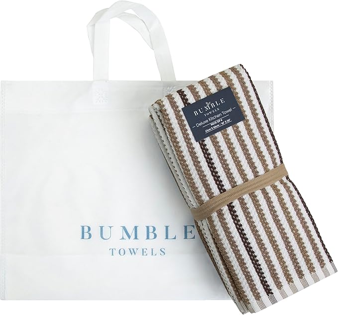 Premium Kitchen Towels (16”x 26”, 6 Pack) | Large Cotton Kitchen Hand Towels | Popcorn Striped Design | Dish Towels | 430 GSM Highly Absorbent Tea Towels Set with Hanging Loop | Tan