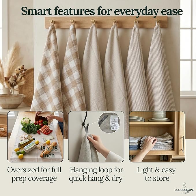 Cloud Scape Linen Premium Cotton Kitchen Towels Set - 6 Pack : Quick-Drying, Highly Absorbent, Durable, 18”x28”, Stripe Hand Towels with Hanging Loop, Dish Towel for Cleaning & Drying Dishes- Beige