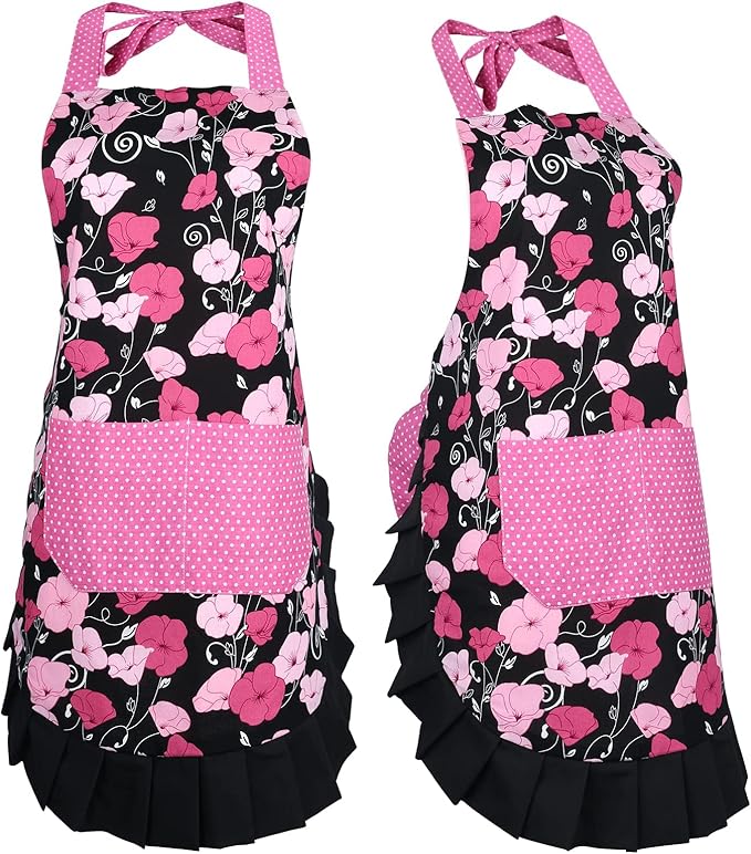 G2PLUS Cotton Kitchen Apron with Pocket, Adjustable Cooking and Baking Apron for Women, Floral Chef Apron for BBQ, Housewarming Gift, Farmhouse Kitchen Decor (Pink + Black)