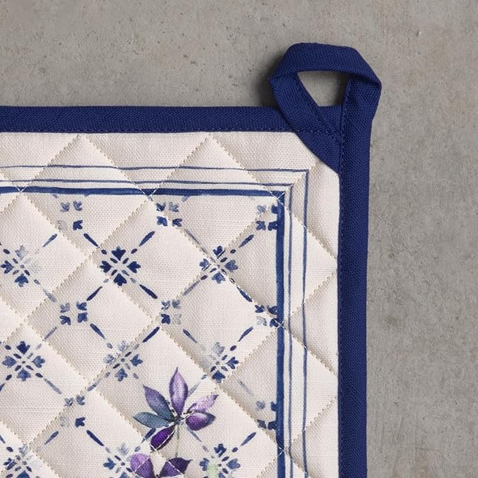 Maison d' Hermine Pot Holders 100% Cotton Heat Resistant Potholders 8" x 8" Hot Pads with Loop BBQ Cooking Baking Gifts for Mothers Day Handling Hot Pans Spring/Summer (Pack of 2, Faience)