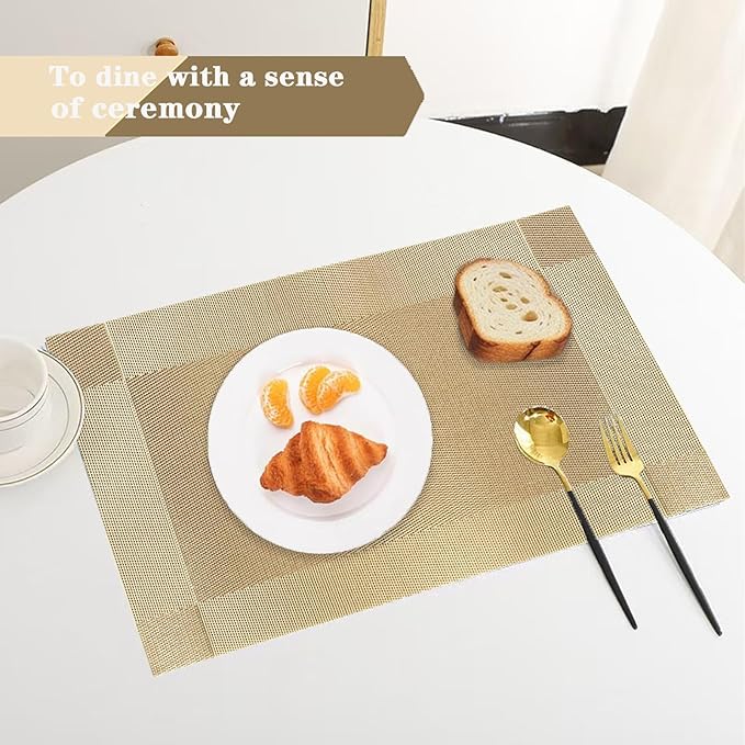 Frame Gold Placemats Set of 2 - Heat Resistant Non-Slip Place mats for Dining Table, Washable Durable PVC Vinyl Woven Table Mats (Frame Gold, 2)