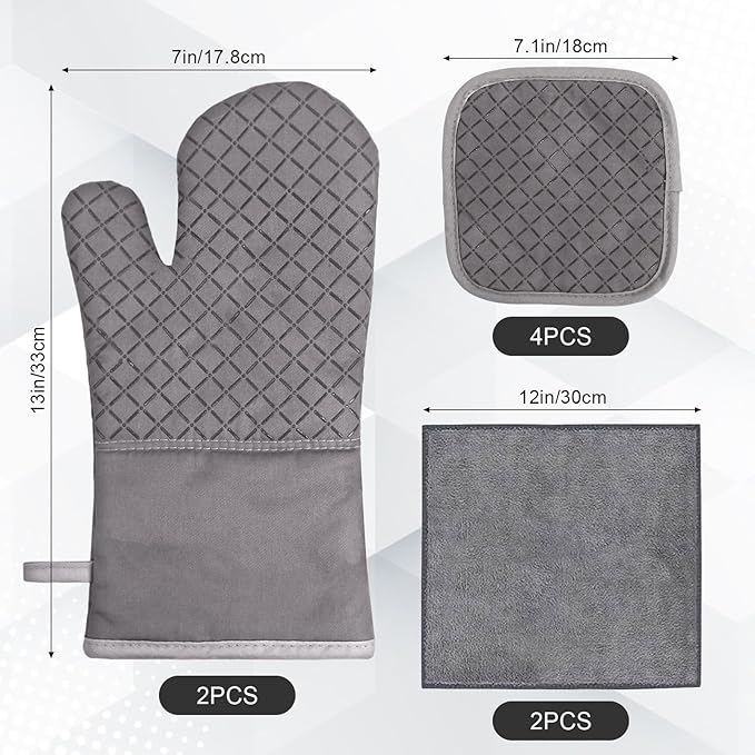 Oven Mitts and Pot Holders 8pcs Set, Cotton Oven Glove with Non-Slip Silicone Surface, Machine Washable Pot Holders, Extra Long Oven mits, Heat Resistant 500 °F, for Cooking, Grilling, Baking
