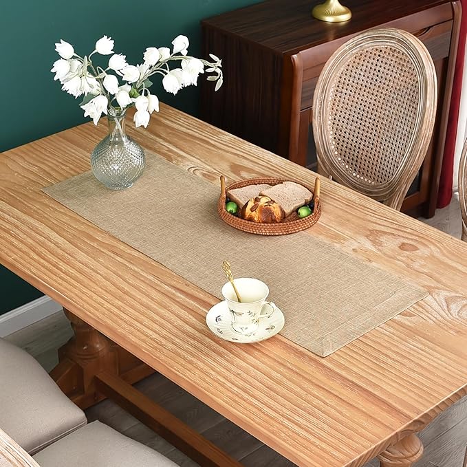 NEWISHER Farmhouse Rustic Table Runner Solid Flaxen Rectangular Table Runners Faux Linen Table Runner for Everyday Use Kitchen Dining Party Table 13x36 Inch
