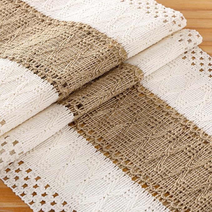 DeZerlor Boho Macrame Table Runner Farmhouse Woven Small Table Runner with Tassels 36 Inches Ivory& Burlap Brown Cotton Linen Kitchen Table Decor for Dining Dresser Home Tea Table Decor