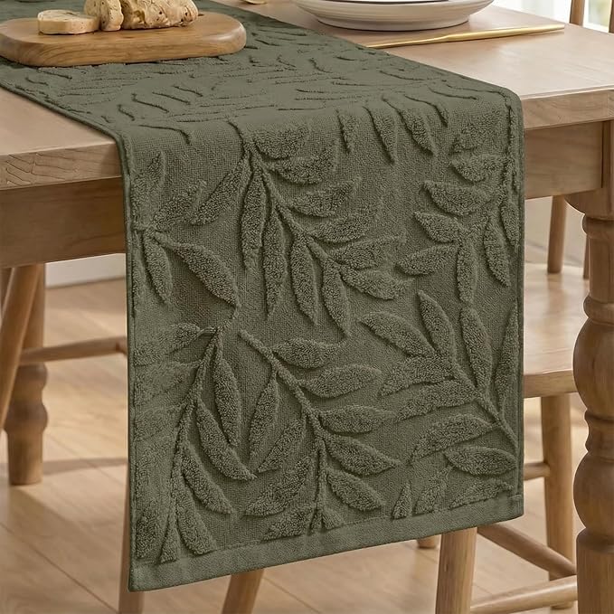 Artoid Mode Olive Green Soft Cotton Jacquard Leaves Spring Table Runner, Holiday Kitchen Dining Table Decoration for Home Party Decor 13x72 Inch