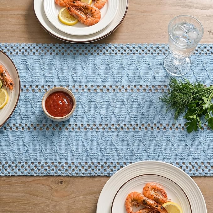 Artoid Mode Sky Blue Farmhouse Woven Rustic Hollow Table Runner, Seasonal Holiday Hollow Kitchen Dining Table Decoration for Home Party Decor 12x120 Inch