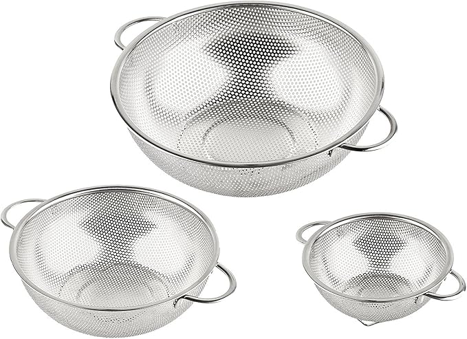 3-Piece Stainless Steel Mesh Micro-Perforated Strainer Colander Set (1-Quart, 2.5-Quart and 4.5-Quart)