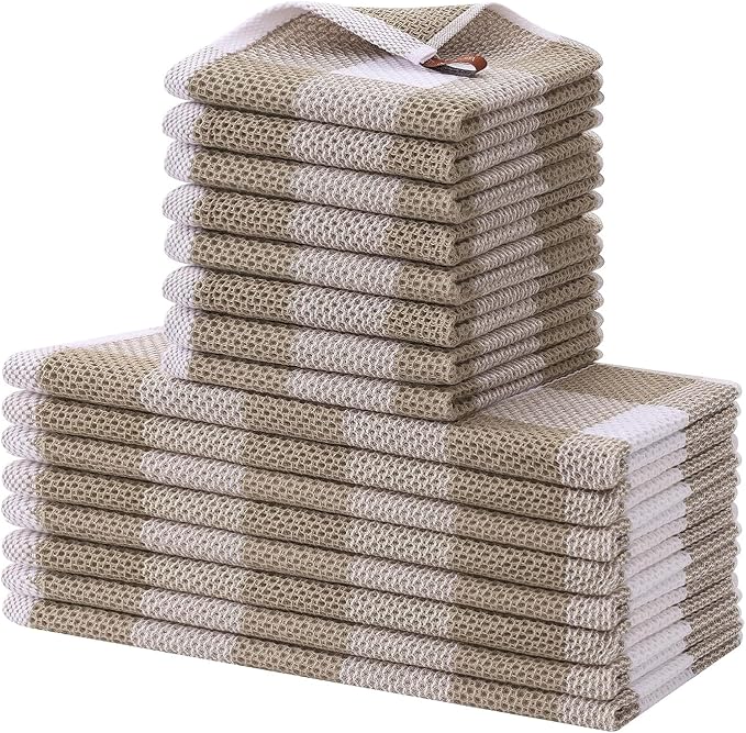 Homaxy Kitchen Towels and Dishcloths Set, 12 x 12 and 13 x 28 Inches, Set of 16 100% Cotton Waffle Weave Check Plaid Kitchen Dish Towels, Super Soft and Absorbent Dish Cloths, White & Khaki