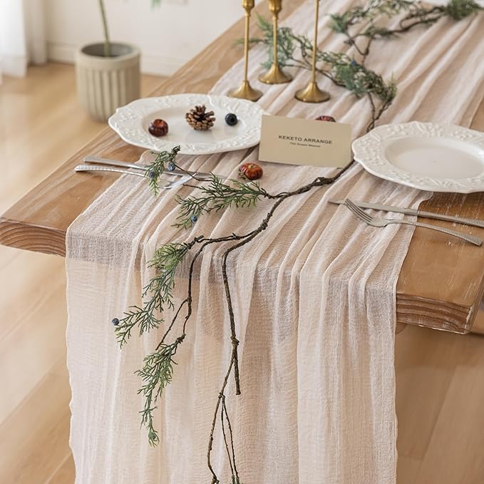Keketoarrange 6pcs Beige Cheesecloth Table Runner Gauze Rustic 120 Inch 10 FT for Wedding Baby Shower Bridal Shower Birthday Engagement Garden Party Long Sheer Boho Spring Easter Home Decorations