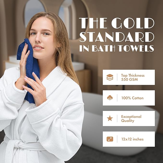 White Classic Navy Washcloths Set for Body and Face Towel, Cotton Wash Cloths Bulk 12 Pack, Spa Fingertip Wash Clothes 12x12 Inch, Soft Absorbent Gym Towels