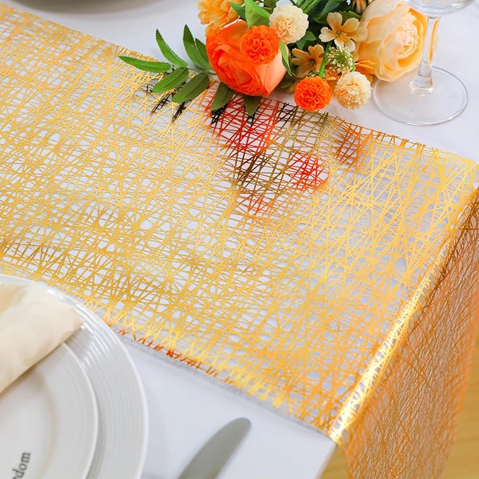 Snowkingdom 2 Pcs Gold Table Runner 11x 108 Inch Thin Mesh Sparkle Glitter Metallic Golden Lines Runner Gold Table Decorations for Wedding Birthday Party, Bridal Shower, Baby Shower, Christmas