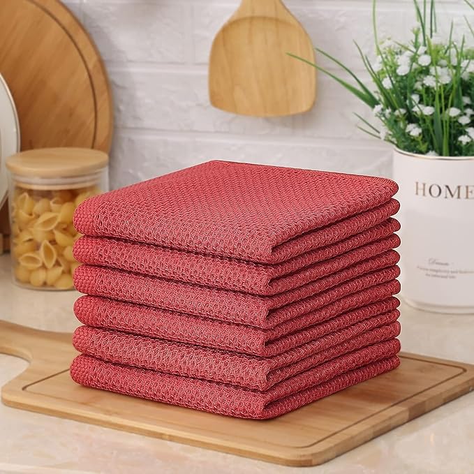 Kitinjoy 100% Cotton Kitchen Dish Cloths (12 X 12 Inches, Brick Red), 8 Pack Waffle Weave Ultra Soft Absorbent Dish Towels for Drying Dishes Quick Drying Kitchen Towels Dish Rags