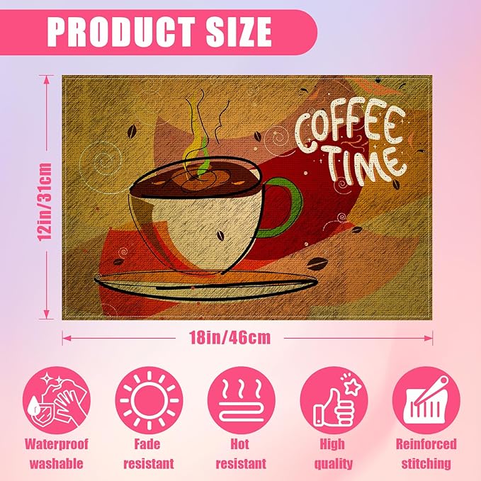 Coffee Time Placemats Set of 6,12x18 Inch Linen Place Mat Washable Stain Resistant Table Mats for Spring Summer Seasonal Farmhouse Kitchen Party Home Decor