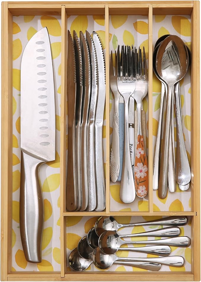 Pristine Bamboo Drawer Organizer - Silverware Organizer with 5 Slots, Lemon Print