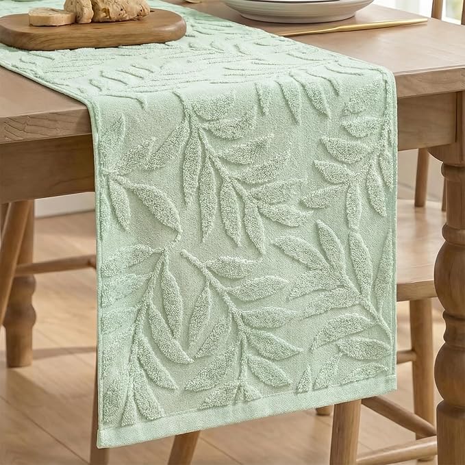 Artoid Mode Sage Green Soft Cotton Jacquard Leaves Spring Table Runner, Holiday Kitchen Dining Table Decoration for Home Party Decor 13x72 Inch