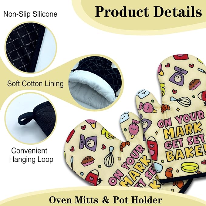 Funny Baking Oven Mitts and Pot Holders Set of 3, On Your Mark Get Set Bake, Heat Resistant Non-Slip Kitchen Mitts Hot Pads, Bake Lovers Gifts, Housewarming Gifts for Women Hostess Mom Wife