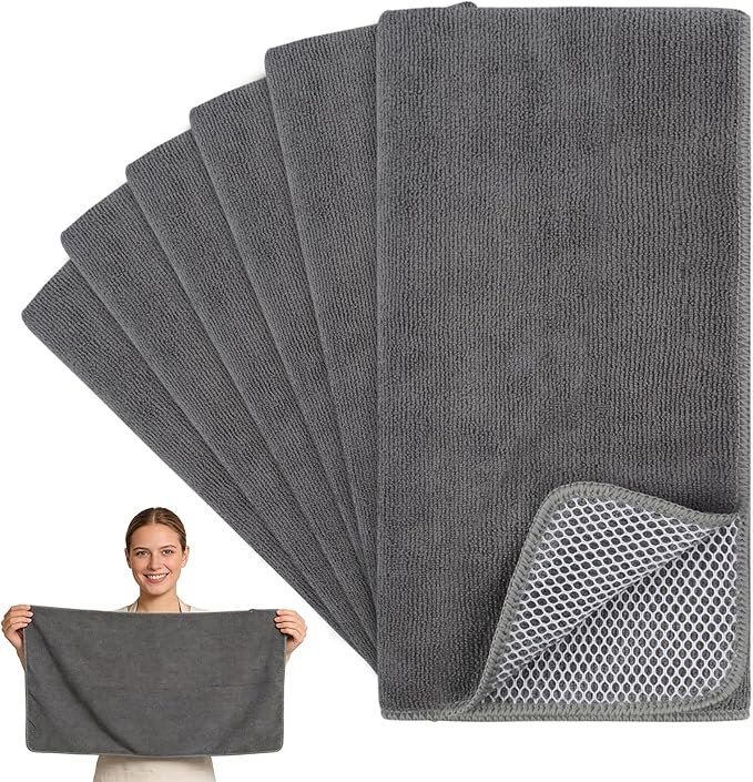 KinHwa Kitchen Washcloths for Dishes Absorbent Microfiber Dish Cloths Dish Towels for Kitchen Quick Dry Dish Rags with Poly Scour Scrub Side Ideal for Kitchen Cleaning (Gray, 15inchx25inch 6pack)