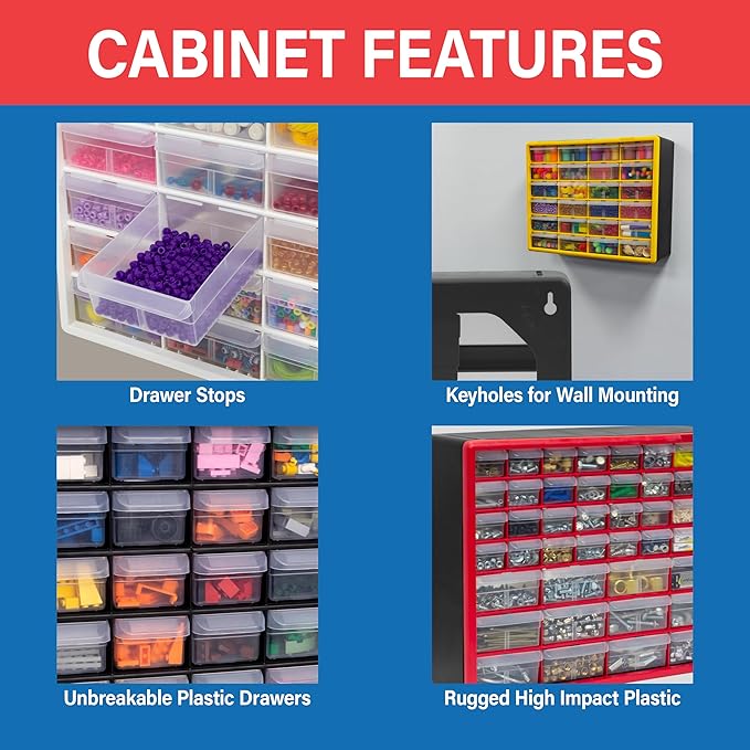 Akro-Mils 64-Drawer Plastic Drawer Storage Cabinet for Garage Organization, Bead Organizer, Building Bricks Storage, Teacher Toolbox, Makeup Organizer, 20" W x 6" D x 16" H, 10164 Red