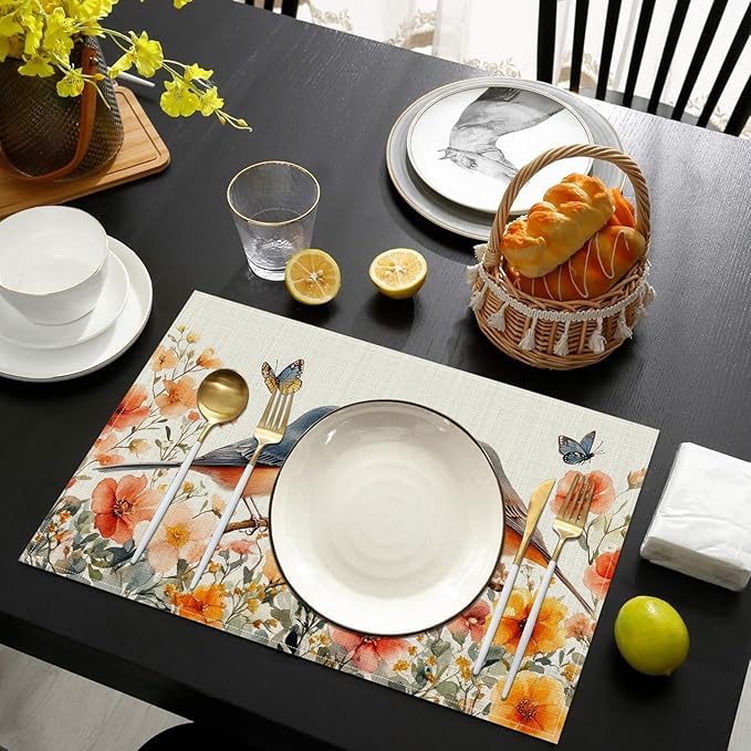Spring Bird Flower Floral Placemats Set of 6, Washable Heat Resistant Table Mat Watercolor Floral Linen Place Mats for Party Kitchen Dining Home Decor 12x18 Inch