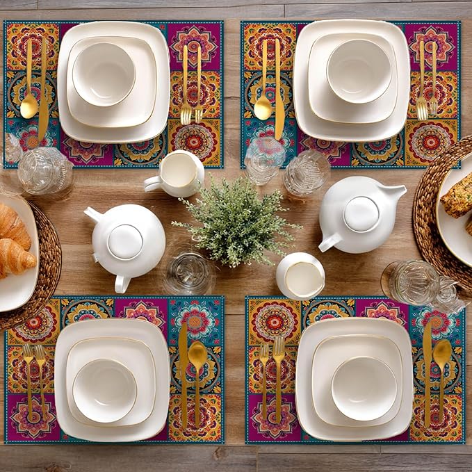 HOMETITUTE Placemats Set of 4 Linen 12x18 Inch Washable Table Mats Mandala Bohemian Style Christmas Place Mats Colorful Placemats Decorative Farmhouse Kitchen Dining Table Set