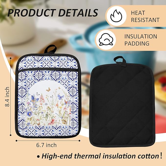 Colorful Wildflowers Floral Oven Mitts Set, Blue and White Heat Resistant Kitchen Oven Gloves for Baking and Cooking,Pot Holders