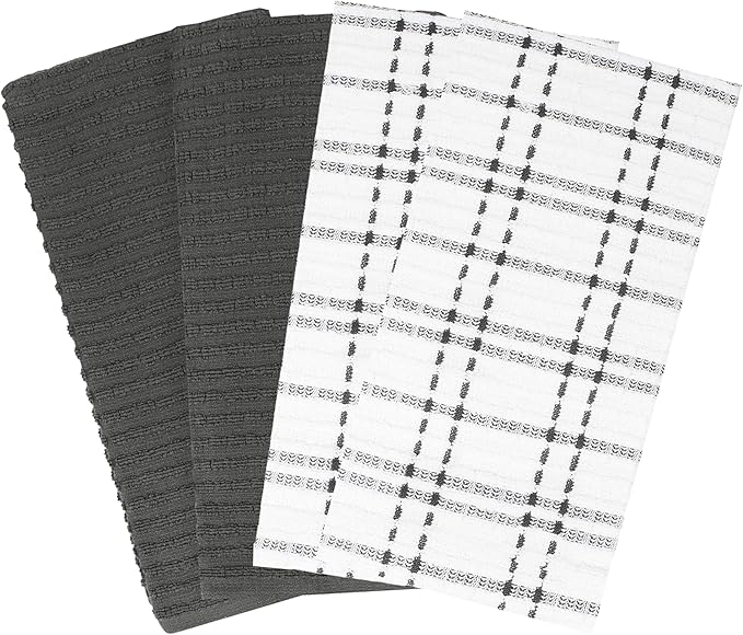 Ritz Royale Collection 100% Combed Terry Cotton, Highly Absorbent, Kitchen Towel Set, 13-3/4" x 12", 4-Pack, Solid & Checked, Graphite