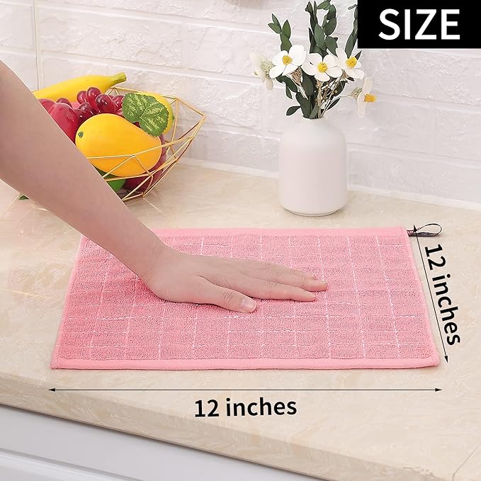 Homaxy 100% Cotton Terry Kitchen Dish Cloths, Ultra Soft and Absorbent Dish Towels for Kitchen, Suitable for Drying and Washing Dishes, 4 Pack, 12 x 12 Inches, Pink