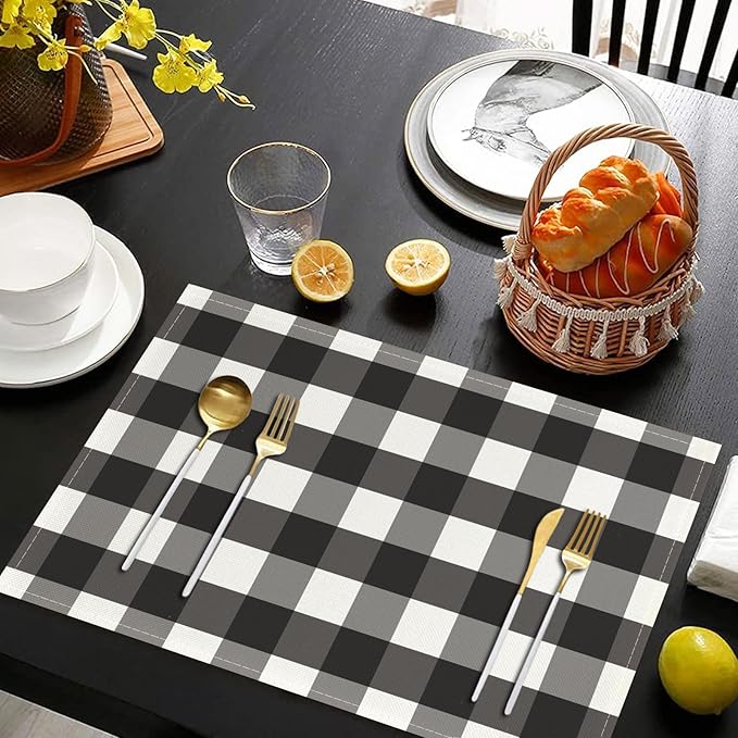 Black and White Placemats Buffalo Plaid Place Mats Farmhouse Rustic Decorative Table Mats Set of 4 - Linen Heat Resistant Washable Placemats for Kitchen Dining Coffee Table 12x18Inch