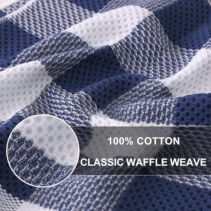 Homaxy Kitchen Towels and Dishcloths Set, 12 x 12 and 13 x 28 Inches, Set of 10 100% Cotton Waffle Weave Check Plaid Kitchen Dish Towels, Super Soft and Absorbent Dish Cloths, White & Navy Blue