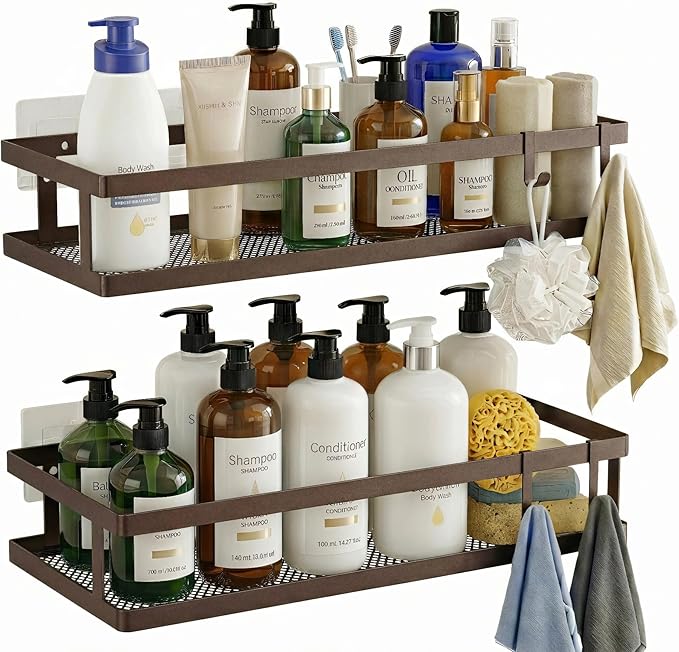 PUSDON 2-Pack Minimalist Shower Caddy Wall Mount, Open Frame Bathroom Shelf Organizer with Mesh Base, Rustproof Floating Spice Rack for Kitchen, Holds 50 LBS, 4 Hooks - Vintage Bronze, Guardrail